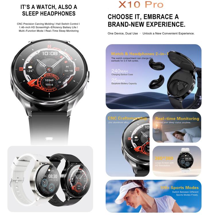 X10 Pro Smart Watch & Sleep TWS Earphones, 1.45 inch Screen, Support Bluetooth Call / Heart Rate