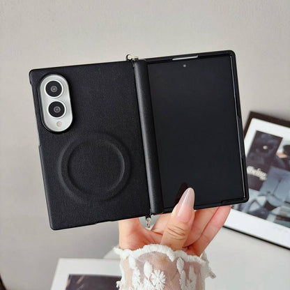 Side Clamp Central Axis Morandi Solid Color Leather Texture Magnetic Phone Case, For Galaxy Z Fold8 5G