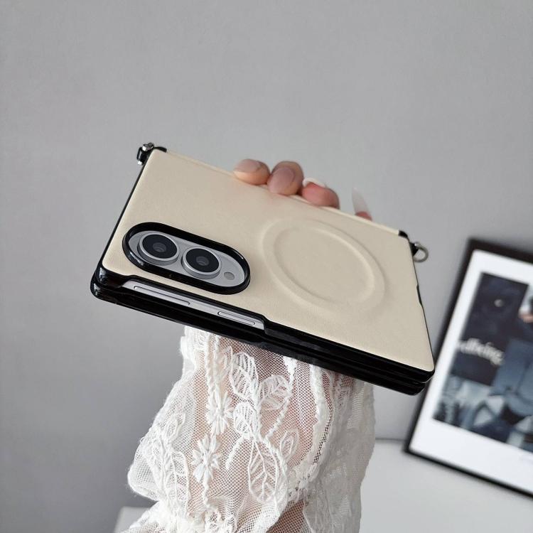 Side Clamp Central Axis Morandi Solid Color Leather Texture Magnetic Phone Case, For Galaxy Z Fold8 5G