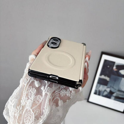 Side Clamp Central Axis Morandi Solid Color Leather Texture Magnetic Phone Case, For Galaxy Z Fold8 5G