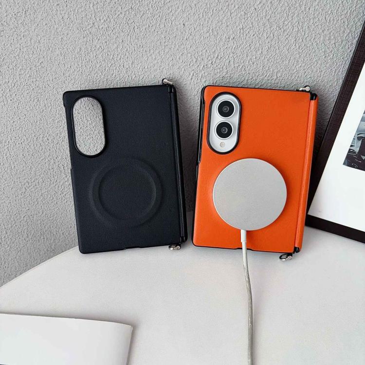 Side Clamp Central Axis Morandi Solid Color Leather Texture Magnetic Phone Case, For Galaxy Z Fold8 5G