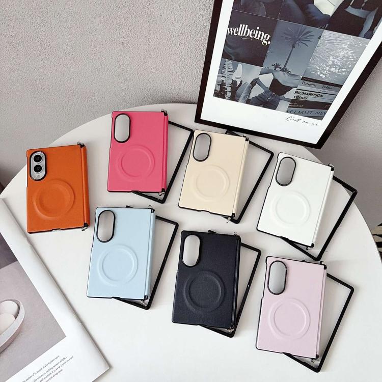 Side Clamp Central Axis Morandi Solid Color Leather Texture Magnetic Phone Case, For Galaxy Z Fold8 5G