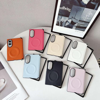 Side Clamp Central Axis Morandi Solid Color Leather Texture Magnetic Phone Case, For Galaxy Z Fold8 5G