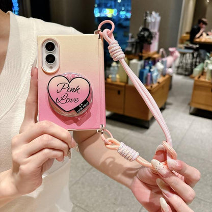 Side Clamp Central Axis Dual Magnetic Gradient Leather Texture Holder Phone Case with Wrist Strap, For Galaxy Z Fold8 5G