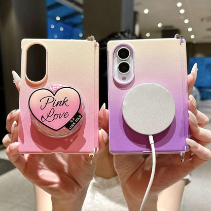 Side Clamp Central Axis Dual Magnetic Gradient Leather Texture Holder Phone Case with Wrist Strap, For Galaxy Z Fold8 5G