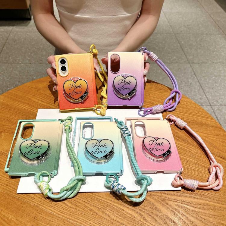 Side Clamp Central Axis Dual Magnetic Gradient Leather Texture Holder Phone Case with Wrist Strap, For Galaxy Z Fold8 5G