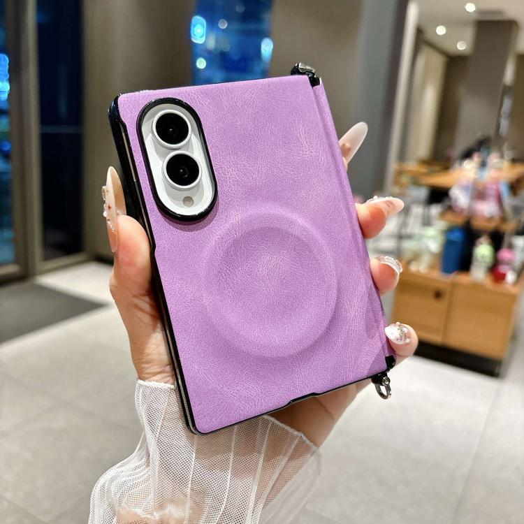 Side Clamp Central Axis Lambskin Leather Magnetic Phone Case, For Galaxy Z Fold8 5G
