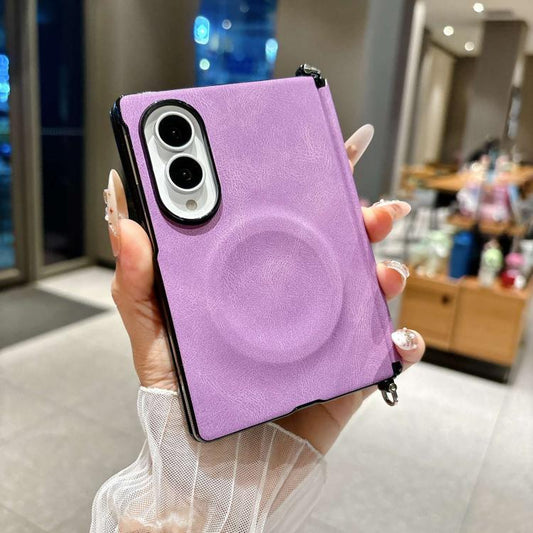 Side Clamp Central Axis Lambskin Leather Magnetic Phone Case, For Galaxy Z Fold8 5G
