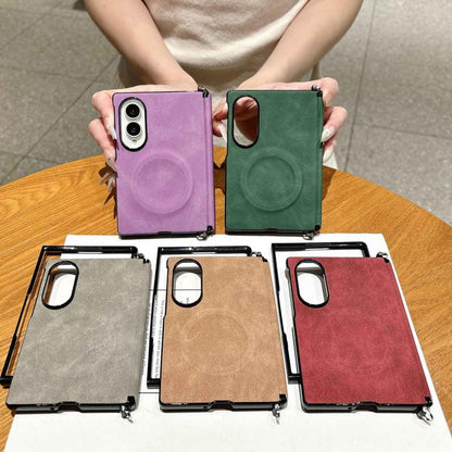 Side Clamp Central Axis Lambskin Leather Magnetic Phone Case, For Galaxy Z Fold8 5G