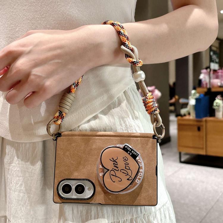 Side Clamp Central Axis Lambskin Leather Holder Magnetic Phone Case with Wrist Strap, For Galaxy Z Fold8 5G