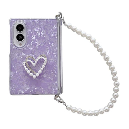Side Clip Axis Magnetic Pearlescent Shell Texture Phone Case with Bracelet, For Galaxy Z Fold8 5G