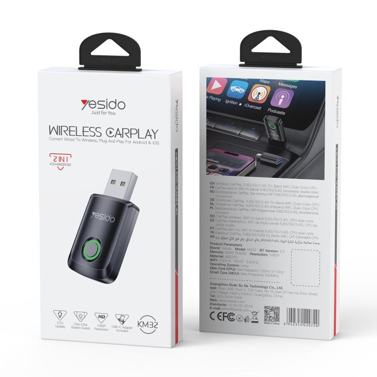 Yesido KM32 2-in-1 Wireless CarPlay and Android Auto Adapter, Wired to Wireless Car Converter, KM32
