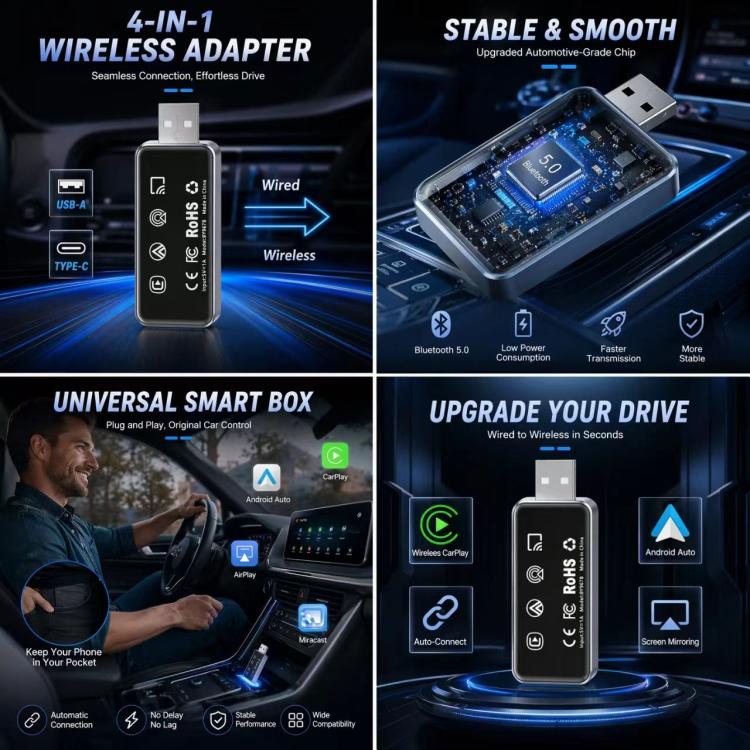4 in 1 Car Mini Smart Box Wireless Android Auto CarPlay Adapter