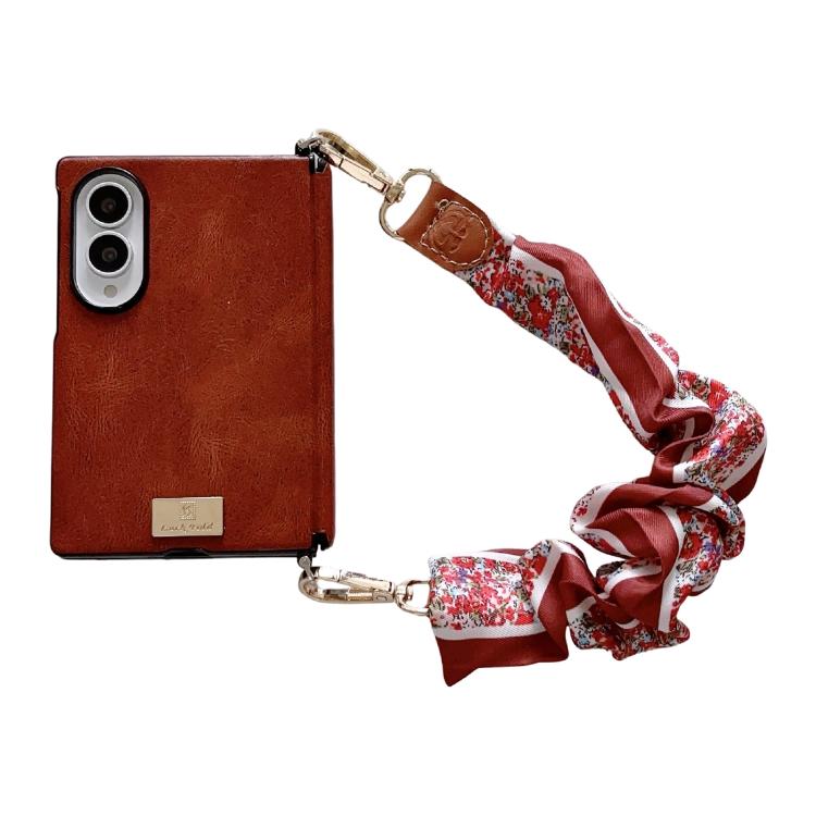 Side Buckle Axis Magnetic Crazy Horse Pattern Nameplate Phone Case With Diy Fabric Chain, For Galaxy Z Fold8 5G