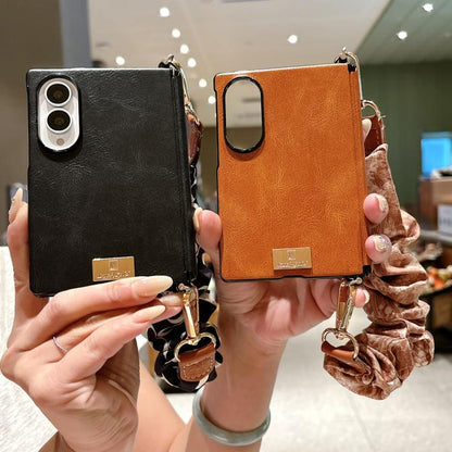 Side Buckle Axis Magnetic Crazy Horse Pattern Nameplate Phone Case With Diy Fabric Chain, For Galaxy Z Fold8 5G