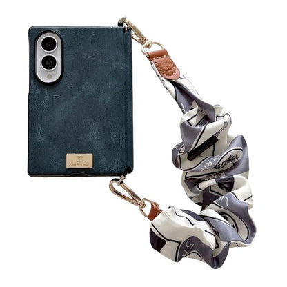Side Buckle Axis Magnetic Crazy Horse Pattern Nameplate Phone Case With Diy Fabric Chain, For Galaxy Z Fold8 5G