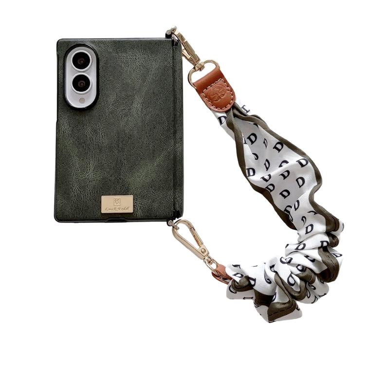 Side Buckle Axis Magnetic Crazy Horse Pattern Nameplate Phone Case With Diy Fabric Chain, For Galaxy Z Fold8 5G