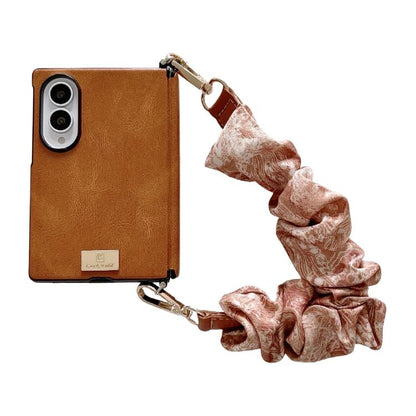 Side Buckle Axis Magnetic Crazy Horse Pattern Nameplate Phone Case With Diy Fabric Chain, For Galaxy Z Fold8 5G