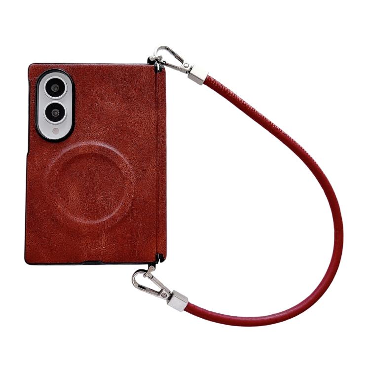 Side Clamp Hinge Crazy Horse Texture Magnetic Ring Leather Phone Case with Wrist Strap, For Galaxy Z Fold8 5G
