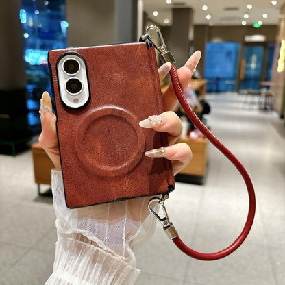 Side Clamp Hinge Crazy Horse Texture Magnetic Ring Leather Phone Case with Wrist Strap, For Galaxy Z Fold8 5G