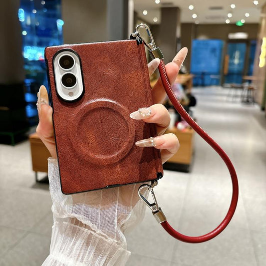 Side Clamp Hinge Crazy Horse Texture Magnetic Ring Leather Phone Case with Wrist Strap, For Galaxy Z Fold8 5G