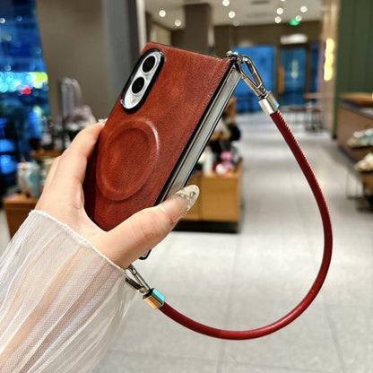 Side Clamp Hinge Crazy Horse Texture Magnetic Ring Leather Phone Case with Wrist Strap, For Galaxy Z Fold8 5G