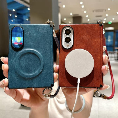 Side Clamp Hinge Crazy Horse Texture Magnetic Ring Leather Phone Case with Wrist Strap, For Galaxy Z Fold8 5G