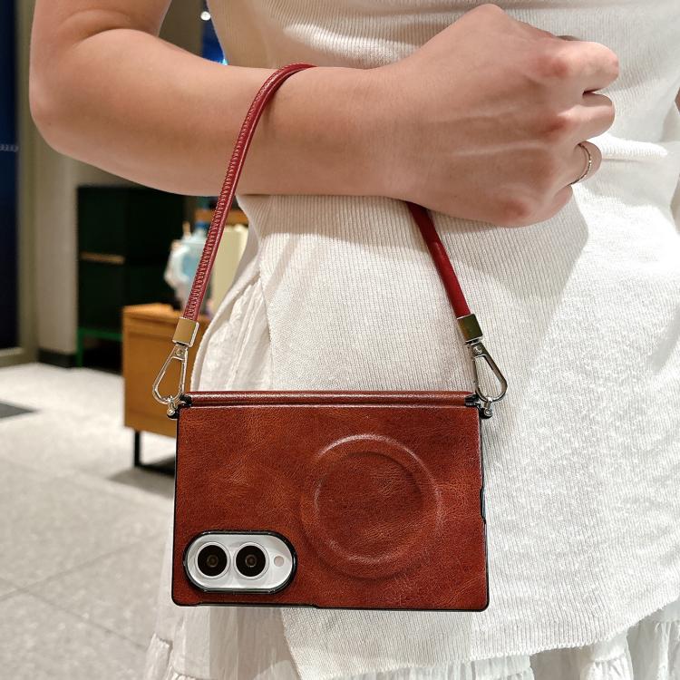 Side Clamp Hinge Crazy Horse Texture Magnetic Ring Leather Phone Case with Wrist Strap, For Galaxy Z Fold8 5G