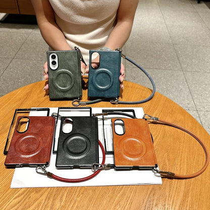 Side Clamp Hinge Crazy Horse Texture Magnetic Ring Leather Phone Case with Wrist Strap, For Galaxy Z Fold8 5G