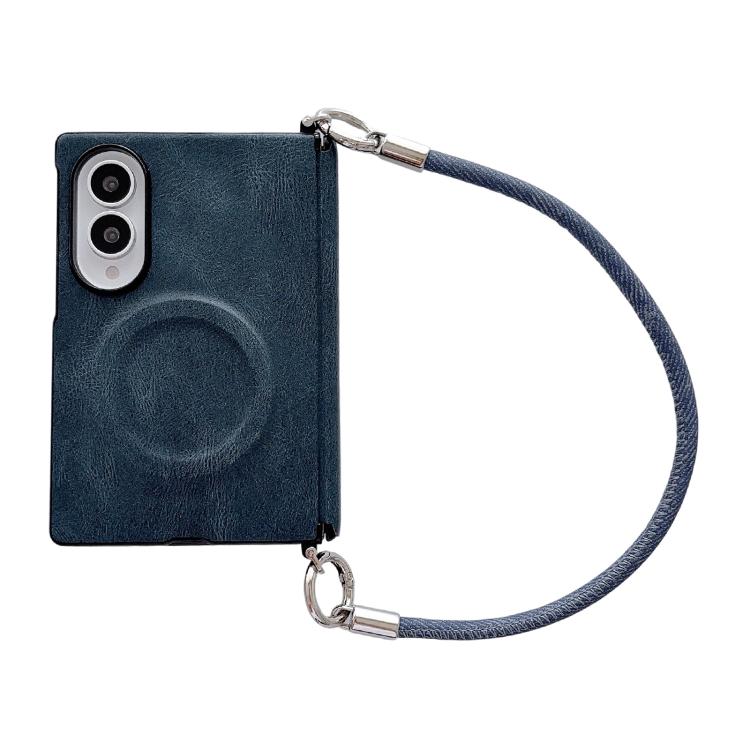 Side Clamp Hinge Crazy Horse Texture Magnetic Ring Leather Phone Case with Wrist Strap, For Galaxy Z Fold8 5G