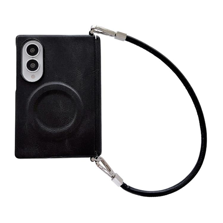 Side Clamp Hinge Crazy Horse Texture Magnetic Ring Leather Phone Case with Wrist Strap, For Galaxy Z Fold8 5G