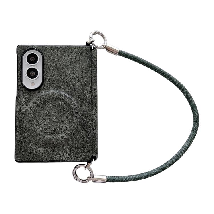 Side Clamp Hinge Crazy Horse Texture Magnetic Ring Leather Phone Case with Wrist Strap, For Galaxy Z Fold8 5G