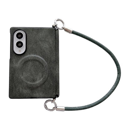 Side Clamp Hinge Crazy Horse Texture Magnetic Ring Leather Phone Case with Wrist Strap, For Galaxy Z Fold8 5G