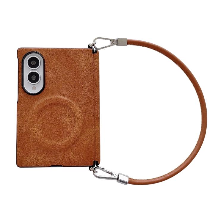 Side Clamp Hinge Crazy Horse Texture Magnetic Ring Leather Phone Case with Wrist Strap, For Galaxy Z Fold8 5G