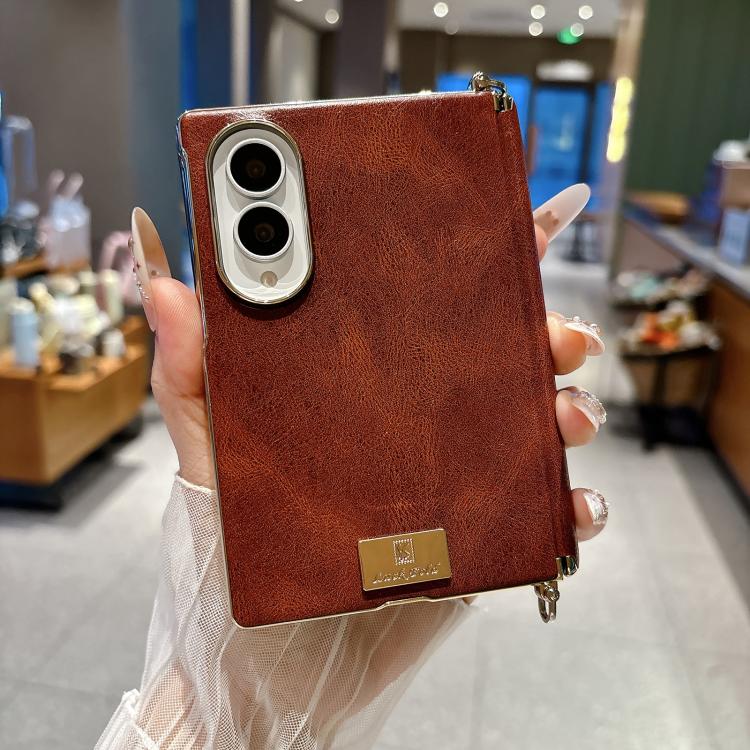 Electroplated Side Buckle Axis Magnetic Crazy Horse Pattern Nameplate Phone Case, For Galaxy Z Fold8 5G