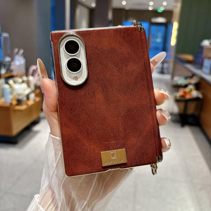 Electroplated Side Buckle Axis Magnetic Crazy Horse Pattern Nameplate Phone Case, For Galaxy Z Fold8 5G