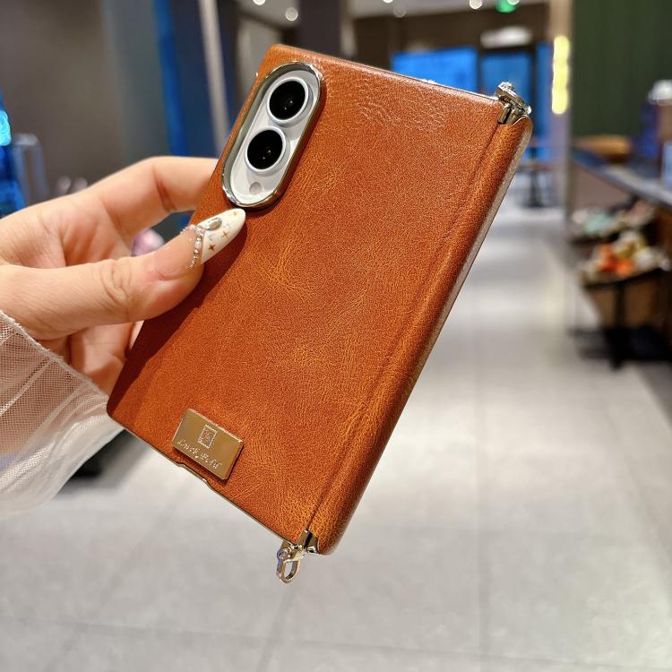 Electroplated Side Buckle Axis Magnetic Crazy Horse Pattern Nameplate Phone Case, For Galaxy Z Fold8 5G