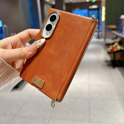 Electroplated Side Buckle Axis Magnetic Crazy Horse Pattern Nameplate Phone Case, For Galaxy Z Fold8 5G