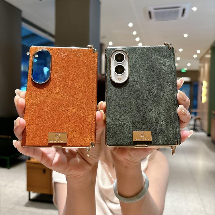 Electroplated Side Buckle Axis Magnetic Crazy Horse Pattern Nameplate Phone Case, For Galaxy Z Fold8 5G