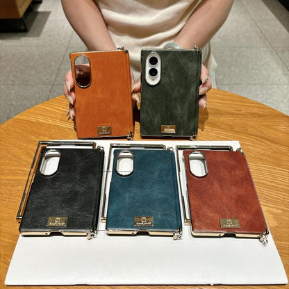 Electroplated Side Buckle Axis Magnetic Crazy Horse Pattern Nameplate Phone Case, For Galaxy Z Fold8 5G