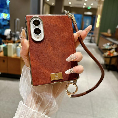 Electroplated Side Buckle Axis Magnetic Crazy Horse Pattern Nameplate Phone Case with Wrist Strap, For Galaxy Z Fold8 5G