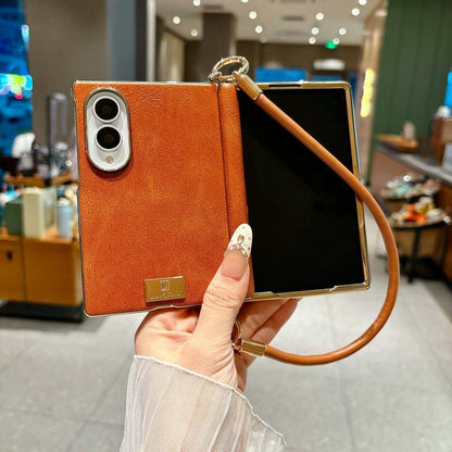 Electroplated Side Buckle Axis Magnetic Crazy Horse Pattern Nameplate Phone Case with Wrist Strap, For Galaxy Z Fold8 5G