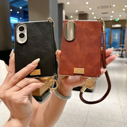Electroplated Side Buckle Axis Magnetic Crazy Horse Pattern Nameplate Phone Case with Wrist Strap, For Galaxy Z Fold8 5G