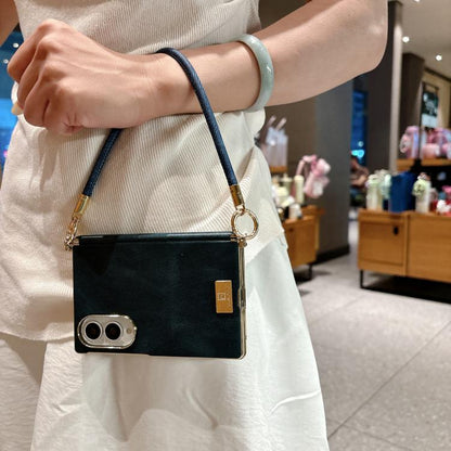 Electroplated Side Buckle Axis Magnetic Crazy Horse Pattern Nameplate Phone Case with Wrist Strap, For Galaxy Z Fold8 5G