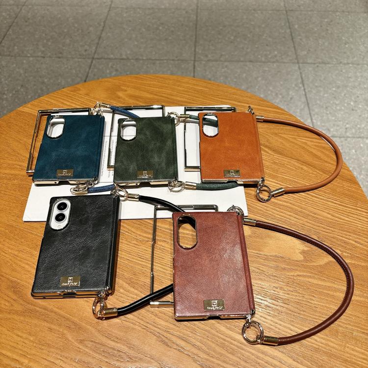Electroplated Side Buckle Axis Magnetic Crazy Horse Pattern Nameplate Phone Case with Wrist Strap, For Galaxy Z Fold8 5G