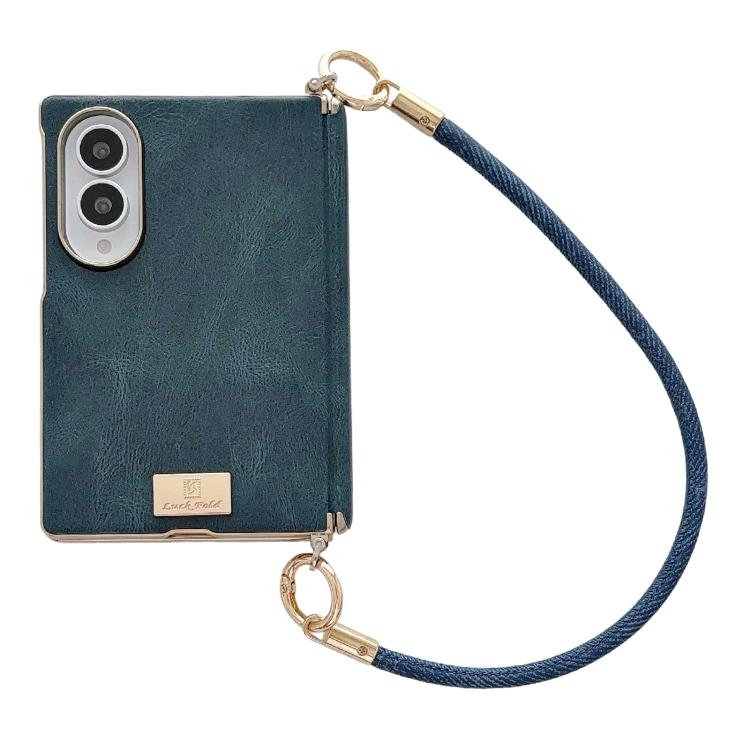 Electroplated Side Buckle Axis Magnetic Crazy Horse Pattern Nameplate Phone Case with Wrist Strap, For Galaxy Z Fold8 5G