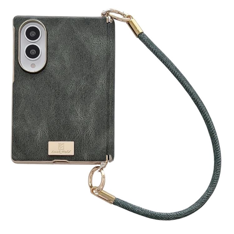 Electroplated Side Buckle Axis Magnetic Crazy Horse Pattern Nameplate Phone Case with Wrist Strap, For Galaxy Z Fold8 5G