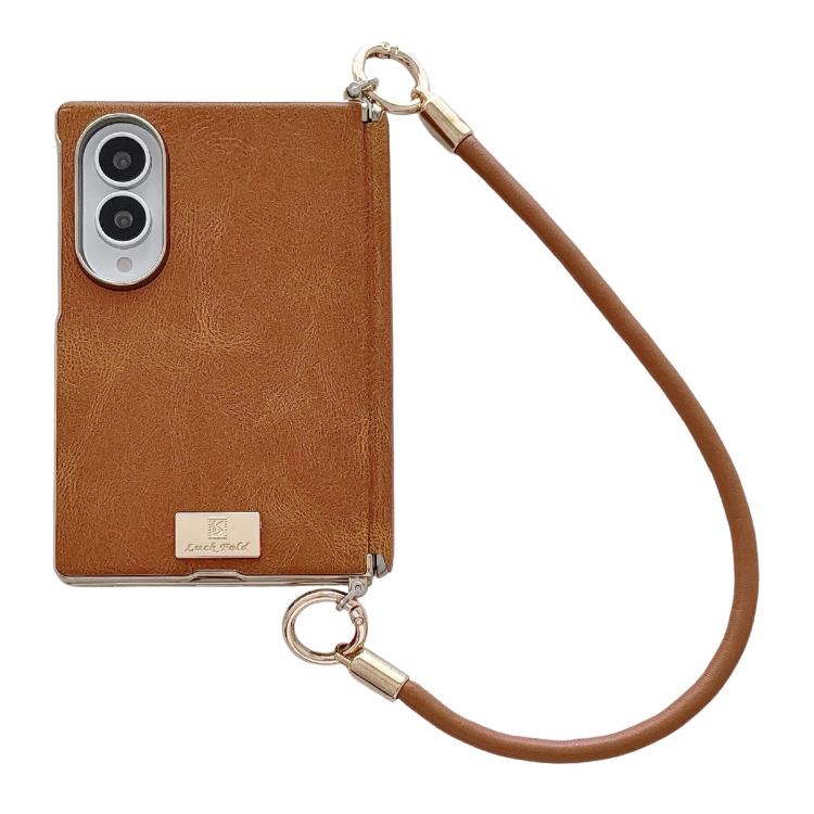 Electroplated Side Buckle Axis Magnetic Crazy Horse Pattern Nameplate Phone Case with Wrist Strap, For Galaxy Z Fold8 5G