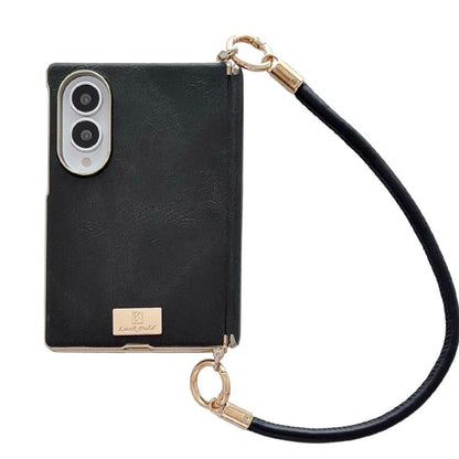 Electroplated Side Buckle Axis Magnetic Crazy Horse Pattern Nameplate Phone Case with Wrist Strap, For Galaxy Z Fold8 5G