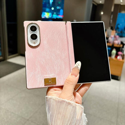 Nameplate Electroplated Central Axis Magnetic Silk Textured Leather Phone Case, For Galaxy Z Fold8 5G